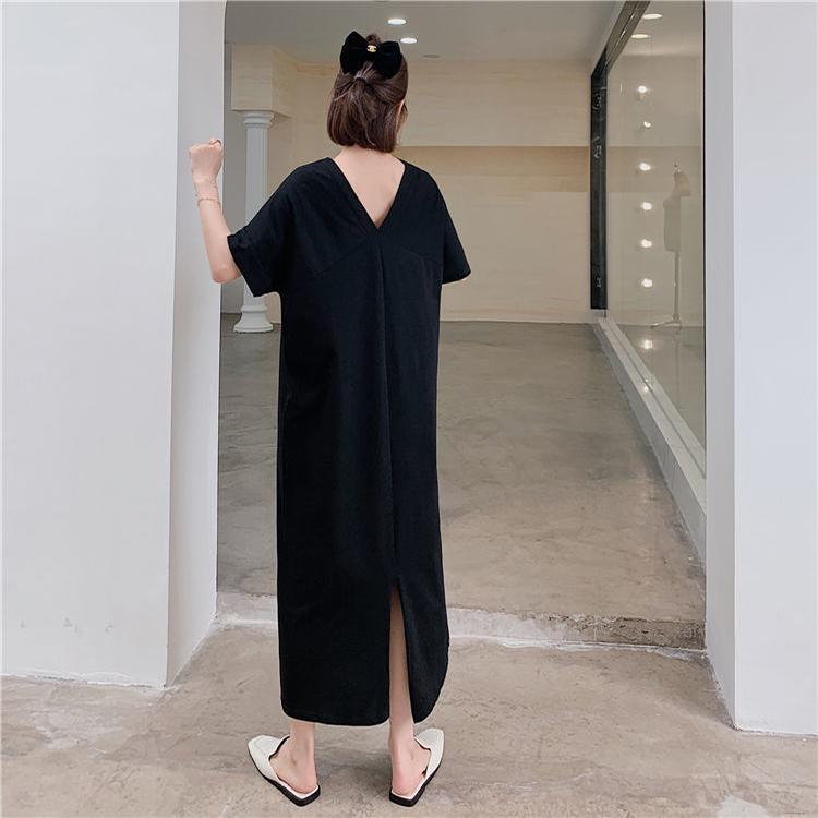 Large Size Slit T-shirt Dress Female Summer V-neck Loose Long Over-the-knee Open Back Long Dress