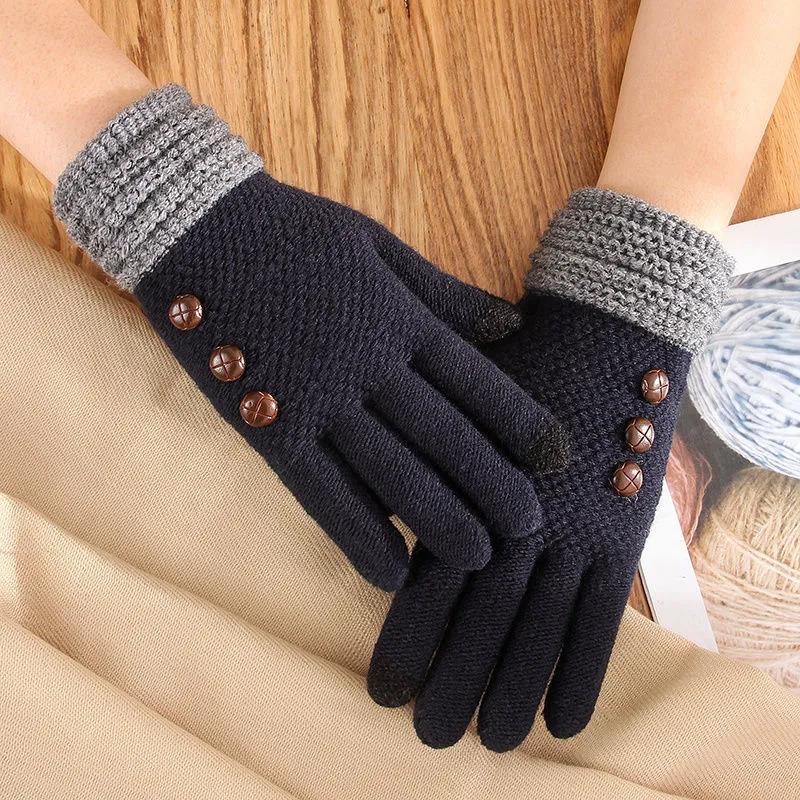 Touch Screen Gloves Ladies Winter Warm Plus Velvet Thick Korean Version Knitted Wool Five-finger Gloves