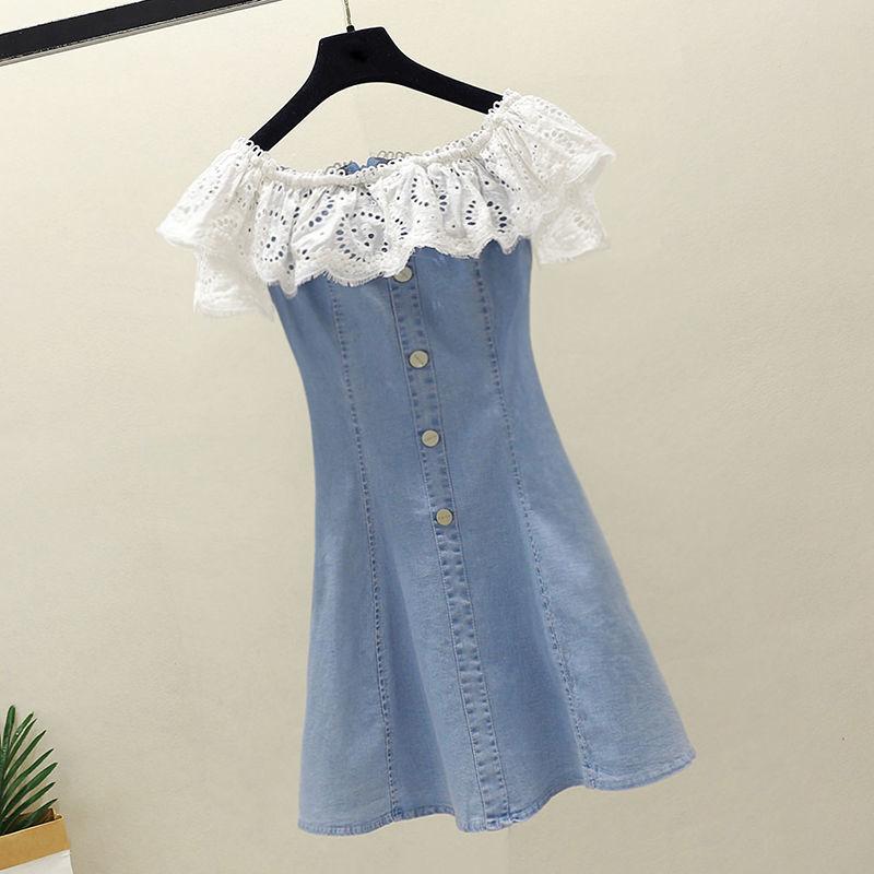 Spring and Summer  Women's Denim Dress Lace Sleeveless Sexy Short Sleeve Above The Knee Daily Wear Office Dating Party