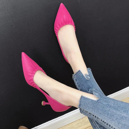 High Heels Women European Stiletto Mid-heel Pointed Toe Fashion High Heels Working Leather Shoes Women