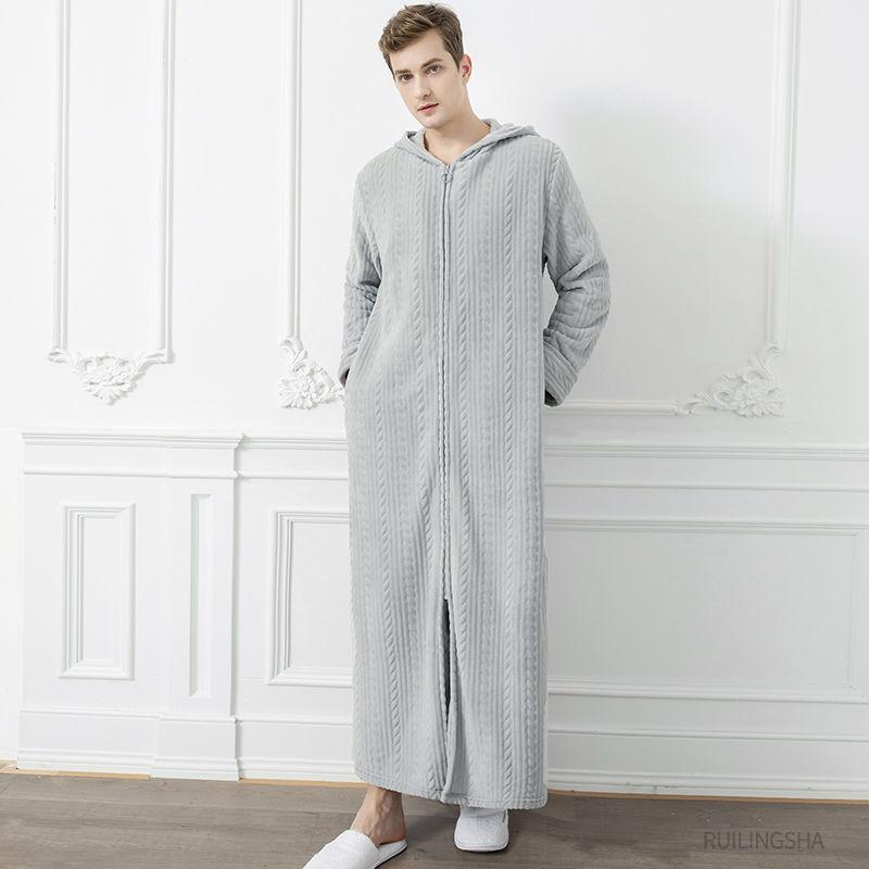 Luxury Nightgown Men's Autumn and Winter Long Coral Fleece Thick Warm Flannel Bathrobe Zipper Home Pajamas Skirt