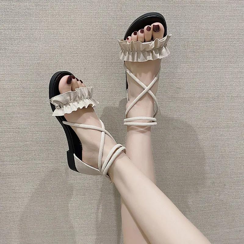 Roman Sandals Women's Summer Flat-bottom Straps All-match Casual Beach Shoes Women's One-word Buckle Flat Sandals Sweet and Light