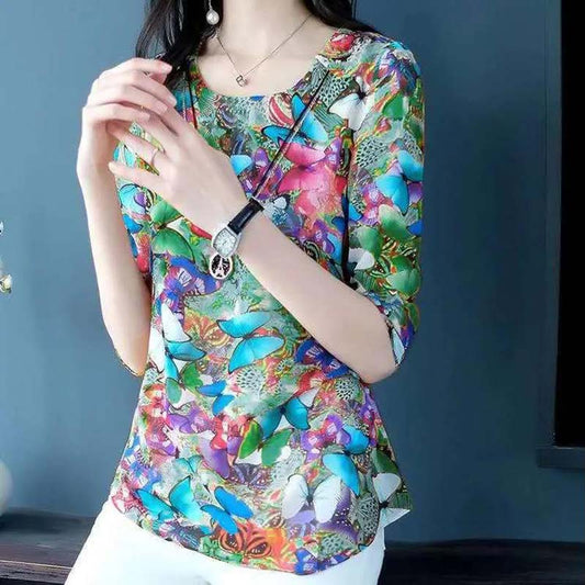 Spring and Autumn Mother Long-sleeved T-shirt Women's Floral Loose Top Bottoming Shirt Women