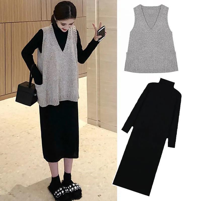 Women's Thin High-necked Dress Knitted V-neck Vest Two-piece Suit, Loose and Thin Bottoming Inner Wear Women's Sweater Suit