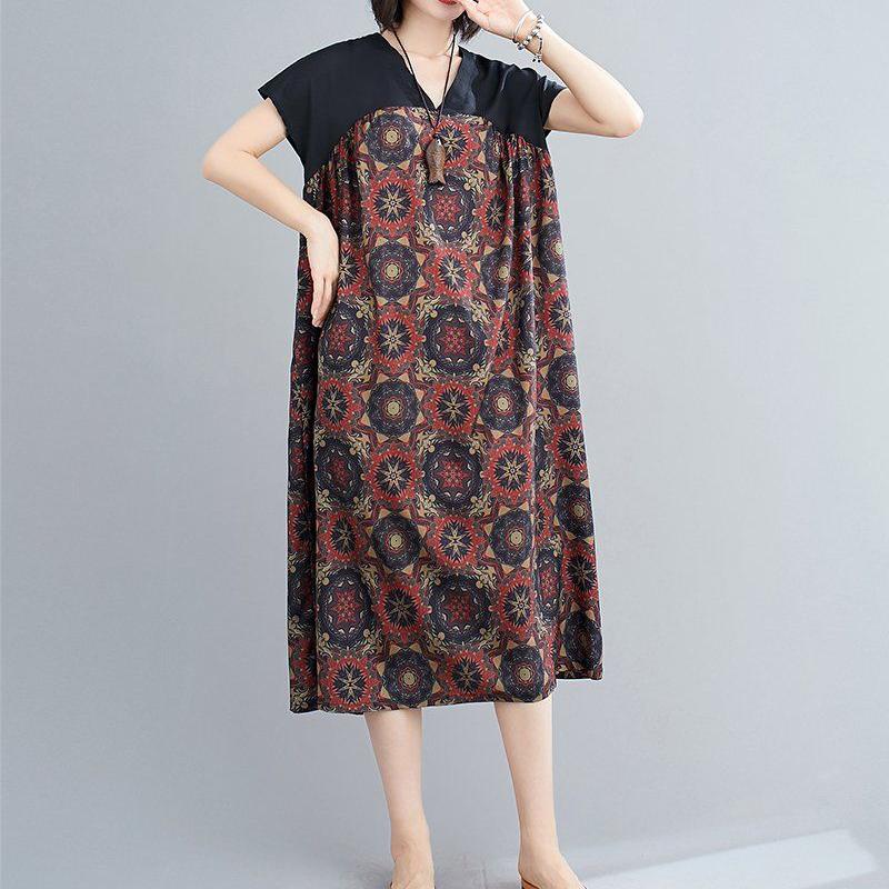 WTEMPO Ethnic Style Plus Size Ladies stitching Dress Summer V-Neck Long Dress Casual Mid-calf Length