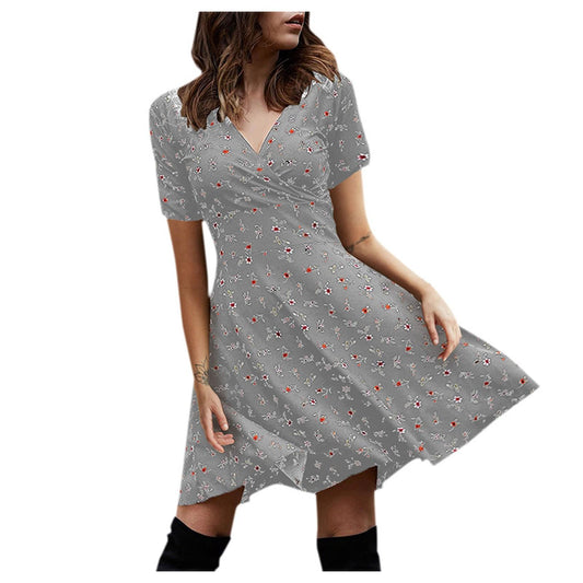 Ladies Casual Elegant V-Neck Short Sleeve Floral Vintage Dress Slim Fit Swing Skirt