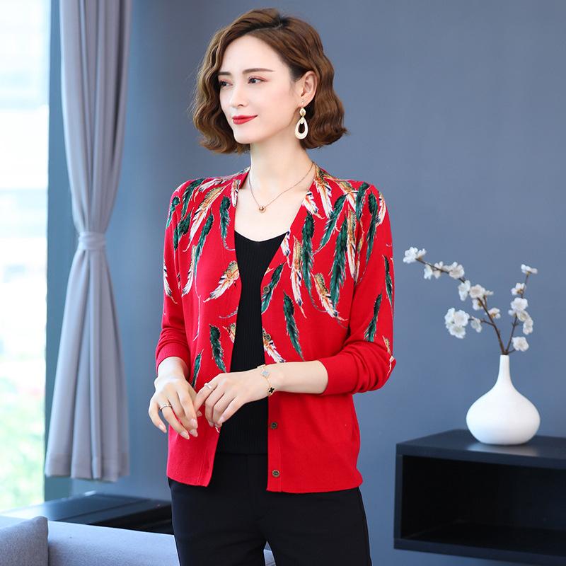 Autumn Winter Ladies Printed Cardigan Women  Knit Sweater Fashion V-neck Knit Jacket Outwear Woollen Sweater Coat