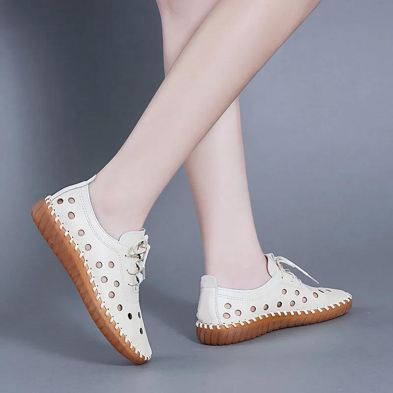 Women's Spring Summer Large Size Flat Shoes Non Slip Soft Sole Solid Color Hollow Out Leather Shoes