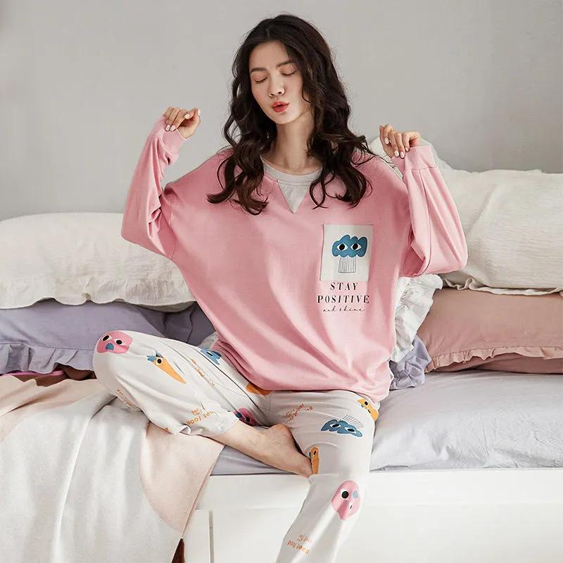 Women Pajamas Set Long Sleeve Pyjamas Suit Spring Autumn Sleepwear Winter Home Wear Loose Casual Pullover Round Neck Cute Nightwear Tops Pants