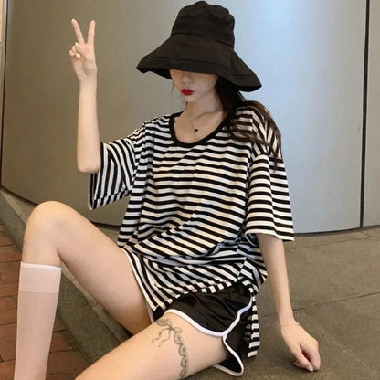 2PCS Women's Summer Sports Suits Casual Ins Fashion Home Wear Thin Short-sleeved Shorts Pajamas Striped Tracksuit Jogging Suit