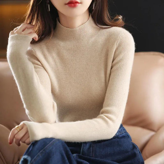 Autumn and Winter Half Turtleneck Slim Sweater Women's Simple Commuter Long-sleeved Top All-match Fashion Bottoming Shirt