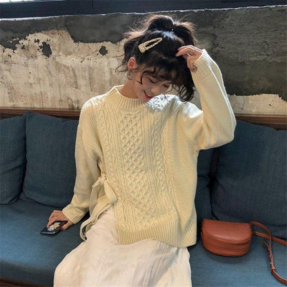 All-match Loose Autumn  Winter Twist Sweater Knit Sweater Casual Female Students Long-sleeved Design Sense Split