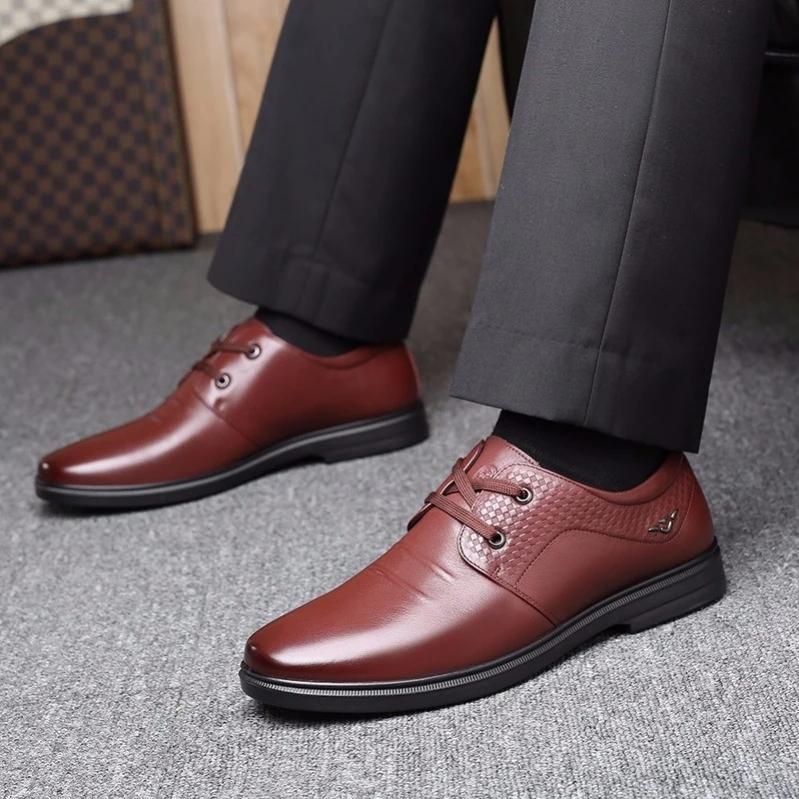 Men's Spring and Autumn Business Leather Shoes Real Cowhide Round Toe Breathable Dad Shoes Husband Casual Shoes Korean Men's Lace-up Shoes
