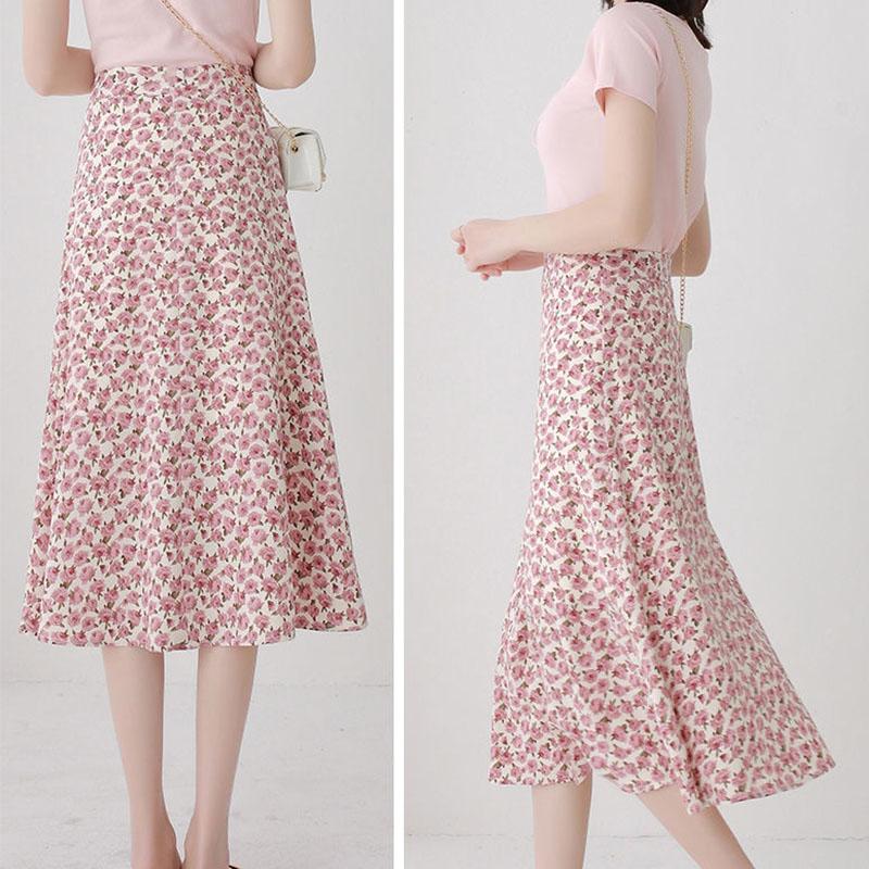 Floral Skirt Women's A-line Skirt High Waist Chiffon Print Midi Skirt Small Daisy Flower Skirt
