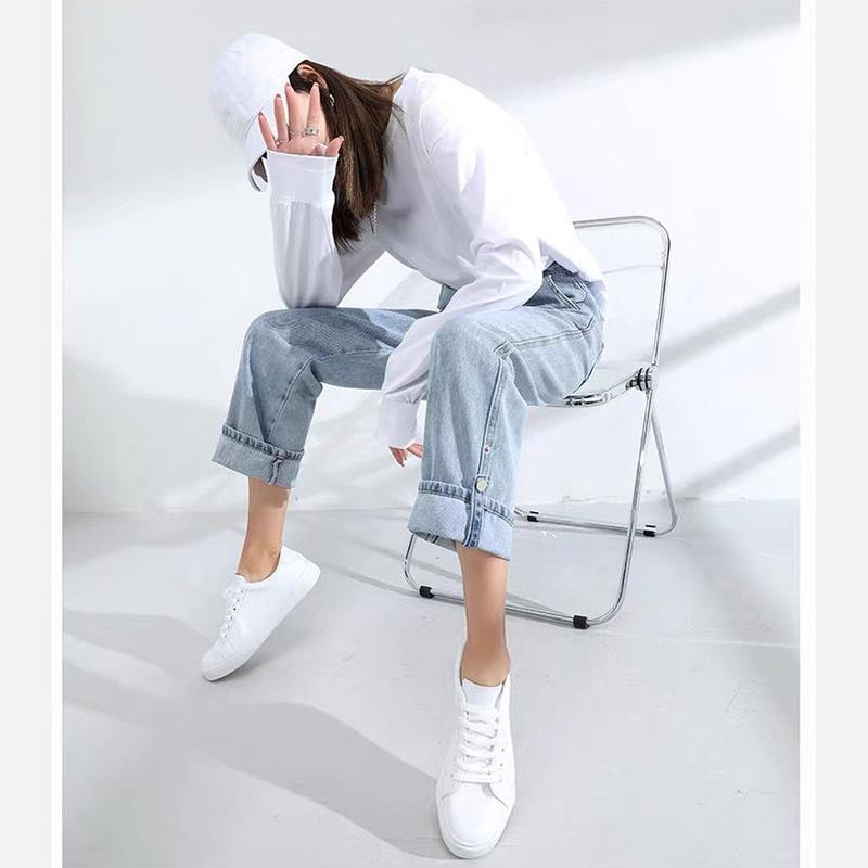WTEMPO Adjustable trouser length Women's High Washed Denim Waist Wide Leg Pants Straight-leg Pants Super Long Loose Casual