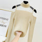 Pofulove Spicy Girl Must-have Off-the-shoulder Half Turtleneck Shirt Mesh Stitched Sexy Knitwear