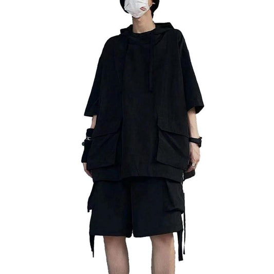 Summer Dark Suit Super Cool Tooling Short-sleeved T-shirt Loose Five-point Pants Student Shorts for Men and Women