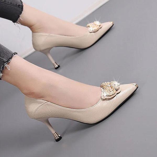Women's Spring and Summer Soft Leather High Heels Genuine Leather Stiletto Shoes Rhinestone Butterfly Shoes for Office Ladies
