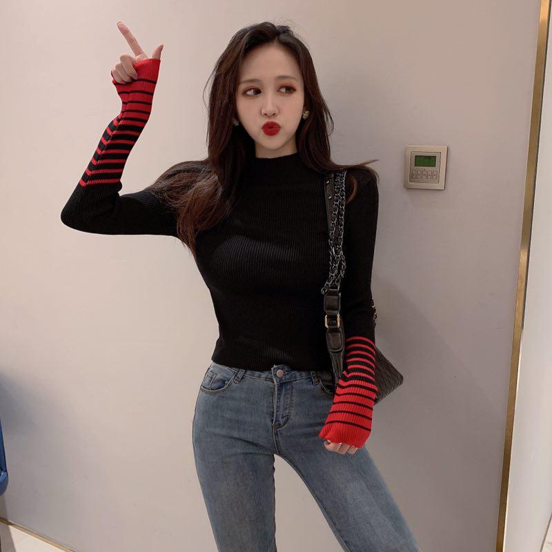 Color Matching Sweater Women's Retro Wild Style Slim Bottoming Sweater Long Sleeve