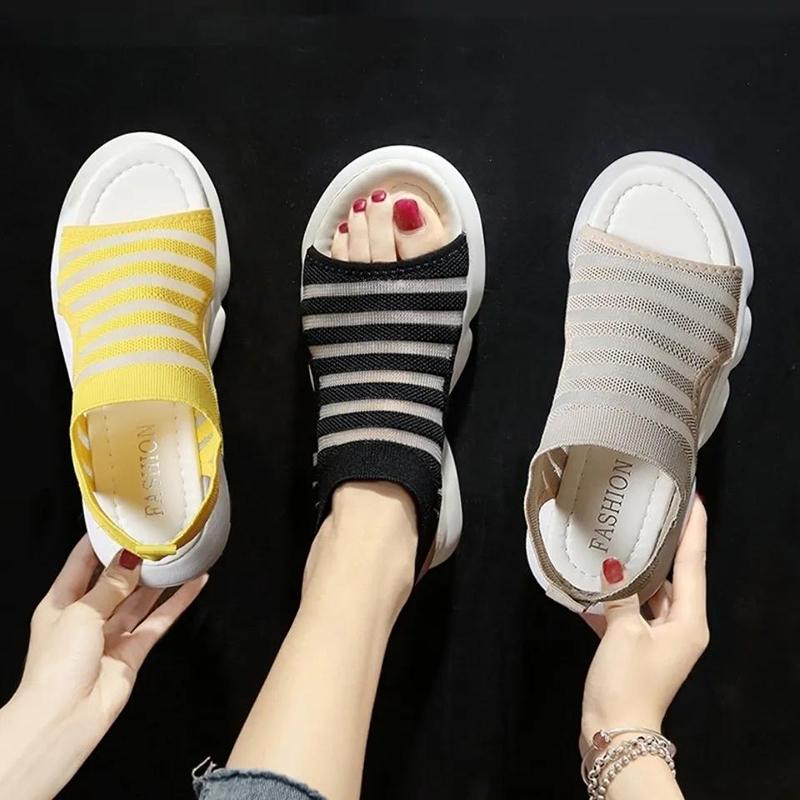 Sports Sandals Women's Summer All-match Non-slip Flat-bottomed Simple Casual Thick-soled Striped Comfortable Breathable Lightweight Sandals