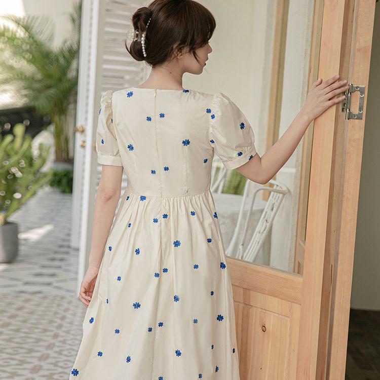 Female Summer Vintage Floral Print Square Neck High Waist Dress Slim Elegant Holiday A-line Dress