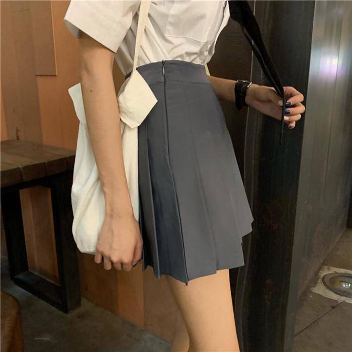 Women High Waist Thin Pleated Skirt School Uniforms Anti-lightening Solid Color Mini A-line Skirt