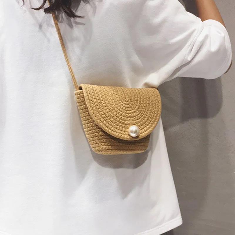 Women's Pearl Decoration Bucket Bag Cute Summer Student Travel Vacation Beach Bag Shoulder Messenger Bag