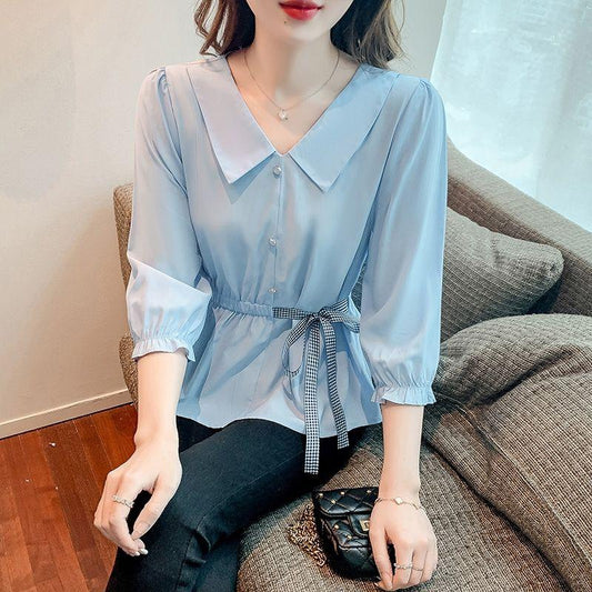 Doll Collar Shirt Women's Summer Lace Waist Cover Belly Shirt Three-quarter Sleeves