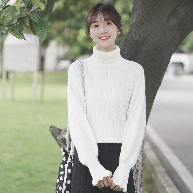 Thick Solid Color Inner Pull-up Turtleneck Sweater Women Lantern Sleeves Wild Knitted Top