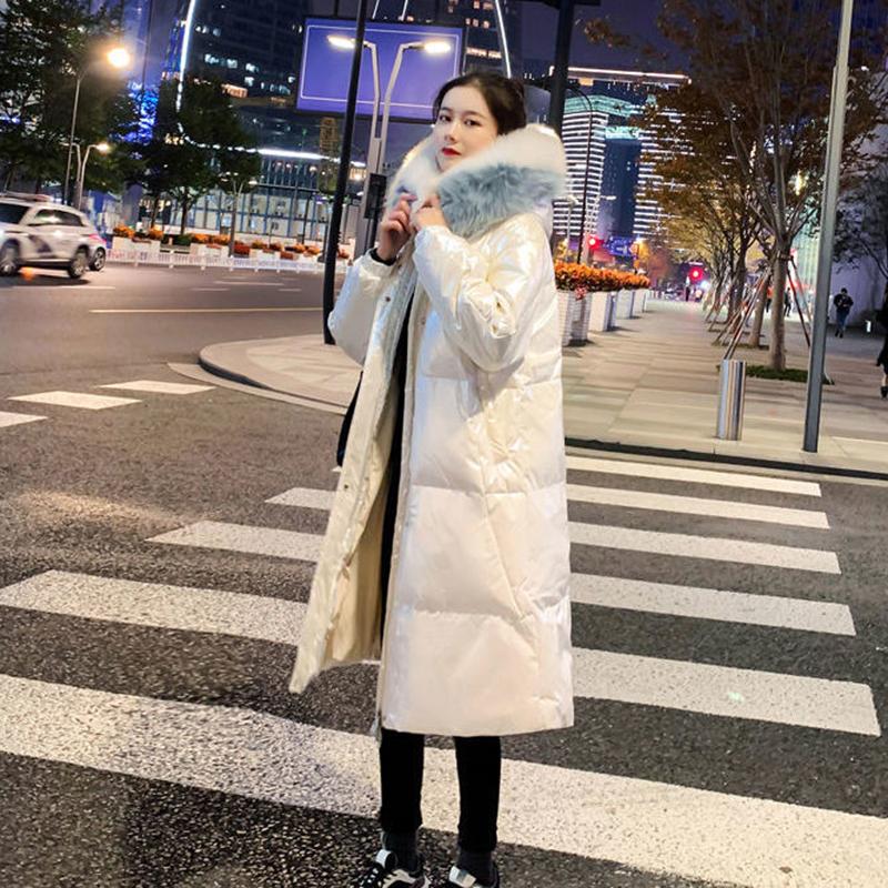 Women's Glossy Loose Down Jacket Mid-length Korean Thick Coat Warm Cotton Coat with Big Fur Collar Winter Quilted Jacket