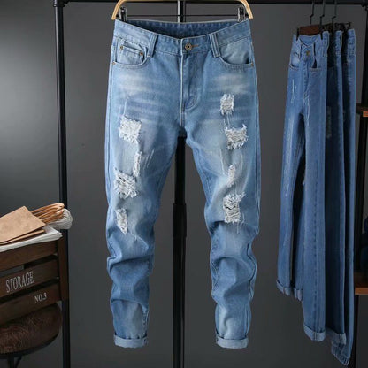 Summer New Style Ripped Jeans Men's Korean Style Slim-fit Cropped Trousers
