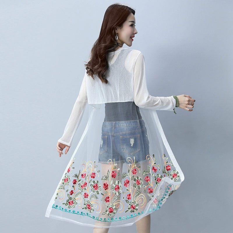 Women's Ethnic Style Loose Outer Chiffon Cardigan Thin Beach Mid-calf Length Long Sleeve Embroidered Cardigan