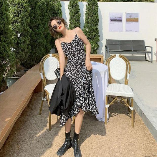 Female Vintage Floral Bottom Adjustable Drawstring Elegant Dress Slim Graceful Holiday Print Dress