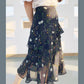 A-line Skirt Floral High Waist Thin Irregular Ruffle Big Wave Chiffon Midi Skirt Elastic Waist Mid-length Skirt