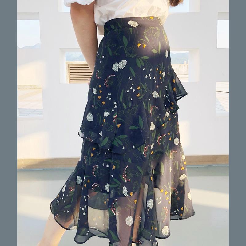 A-line Skirt Floral High Waist Thin Irregular Ruffle Big Wave Chiffon Midi Skirt Elastic Waist Mid-length Skirt