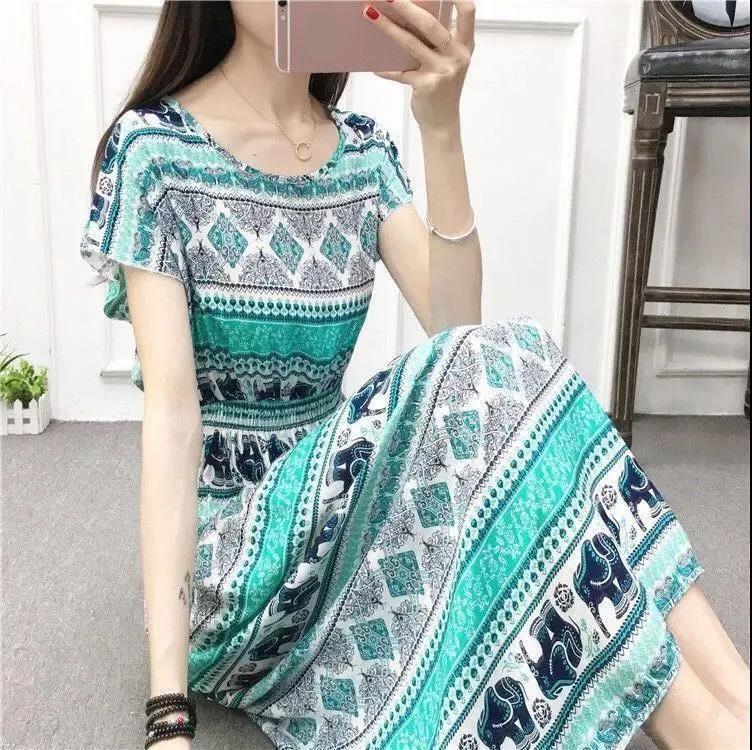Summer Long Dress Casual Comfort Cotton Dress Plus Size Ethnic Style Short Sleeve Dress
