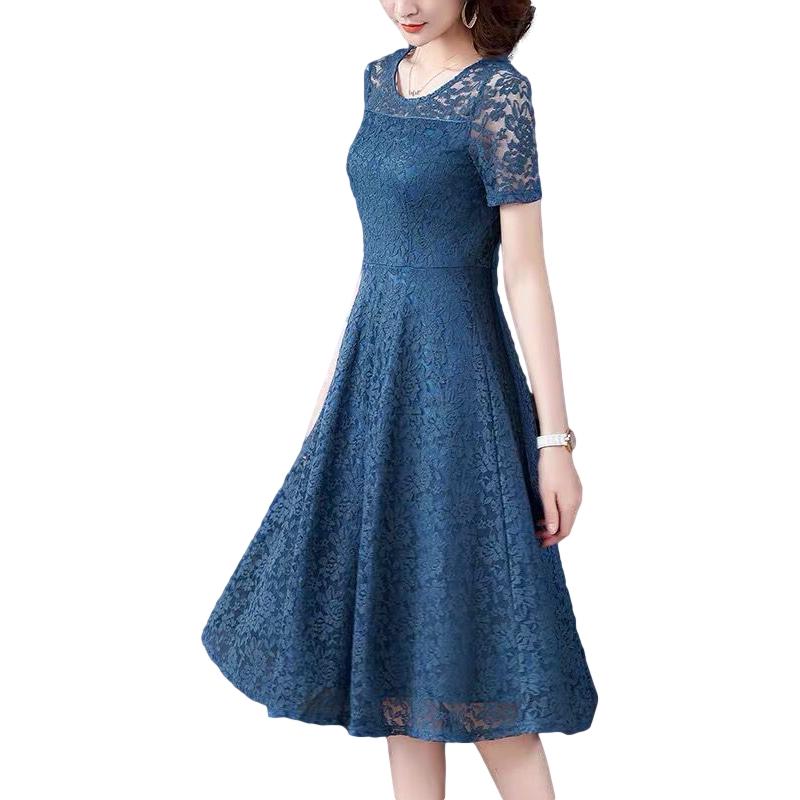 Women's Short-sleeved Lace Dress Loosely Cover Belly Look Thin Spring Summer Plus Size Temperament Women's Clothing