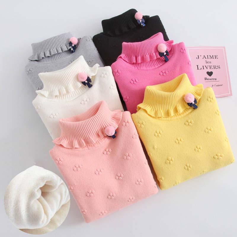 Girl Sweater Plus Velvet Thick Autumn and Winter Solid Color Set High Collar Long-sleeved Big Children's Knitting Shirt