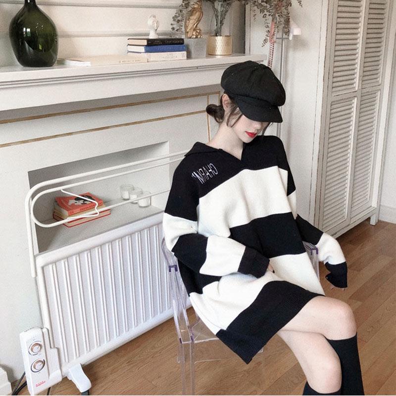 Spring Fashion Simple Sweater Striped Pattern Warm Jacket Mid-length Loose Young Women's Top
