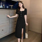 High-end Fabric Puff-sleeved Slit Dress  Square Collar  Open Back, Long-sleeved Waist  Slit Suit Skirt