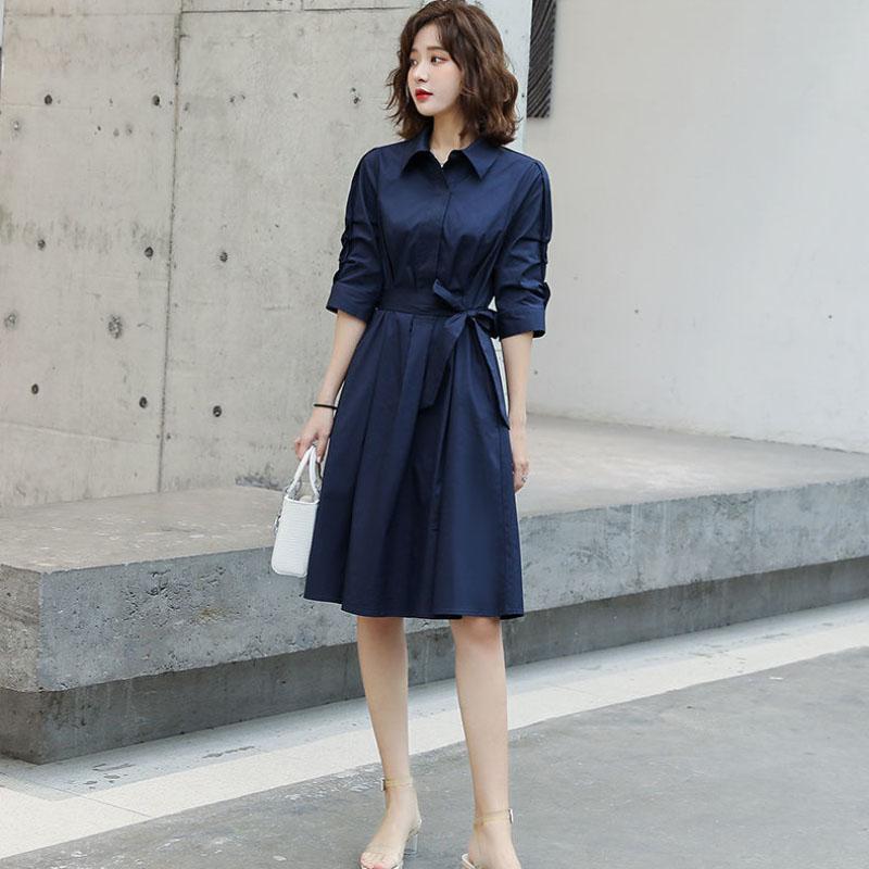 Spring Summer Women's Shirt Dress Mid-length Skirt Ladies Professional Wear All-match Long-sleeved Solid Color Dress