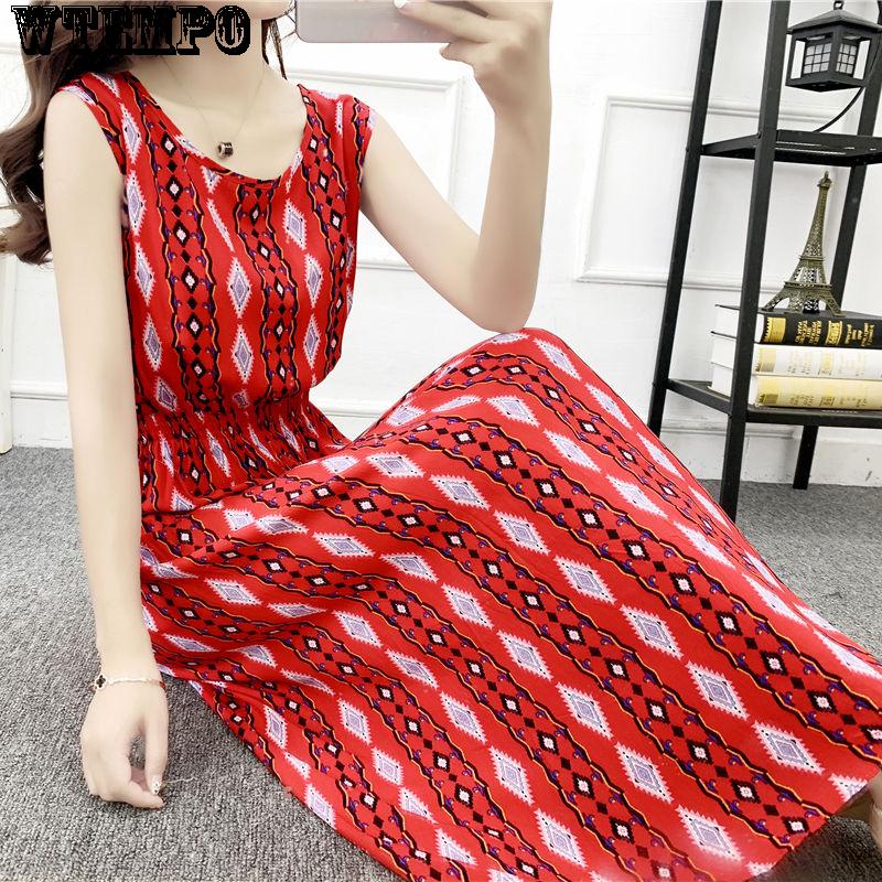 WTEMPO Fashion Summer National Style Floral Dress Seaside Holiday Dress Large Size Print Long Skirt