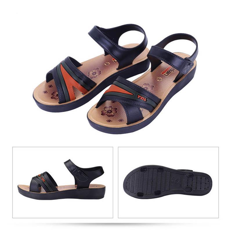 Sandals Non-slip Deodorant Women's Flat Velcro Beach Shoes Fashion Outerwear Ladies Middle-aged and Elderly Summer Shoes