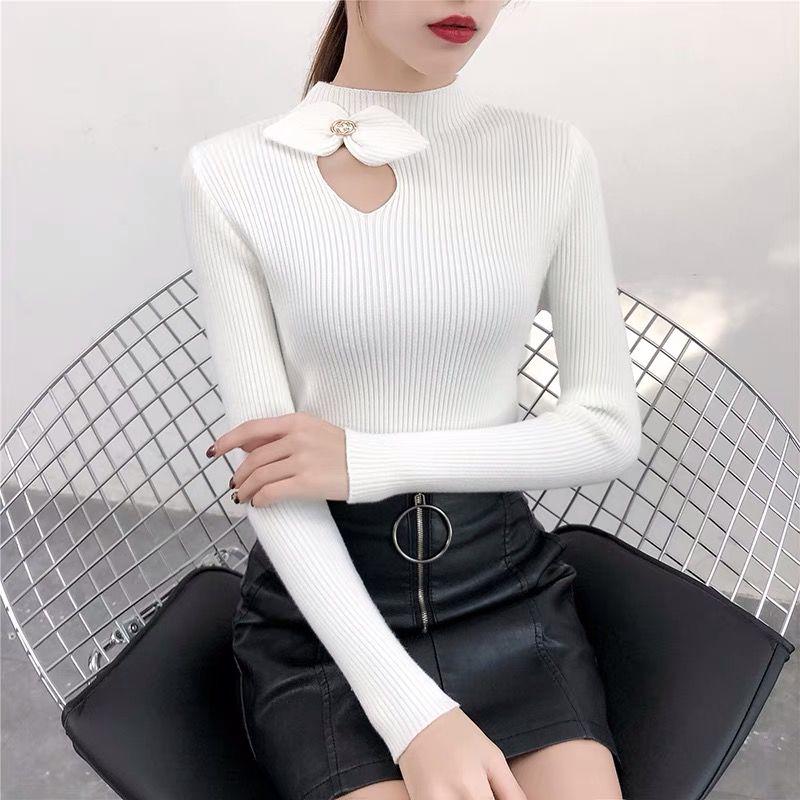 Autumn Bowknot Hollow Knitwear Women Half Turtleneck Slim Pullover Long Sleeve Bottoming Shirt