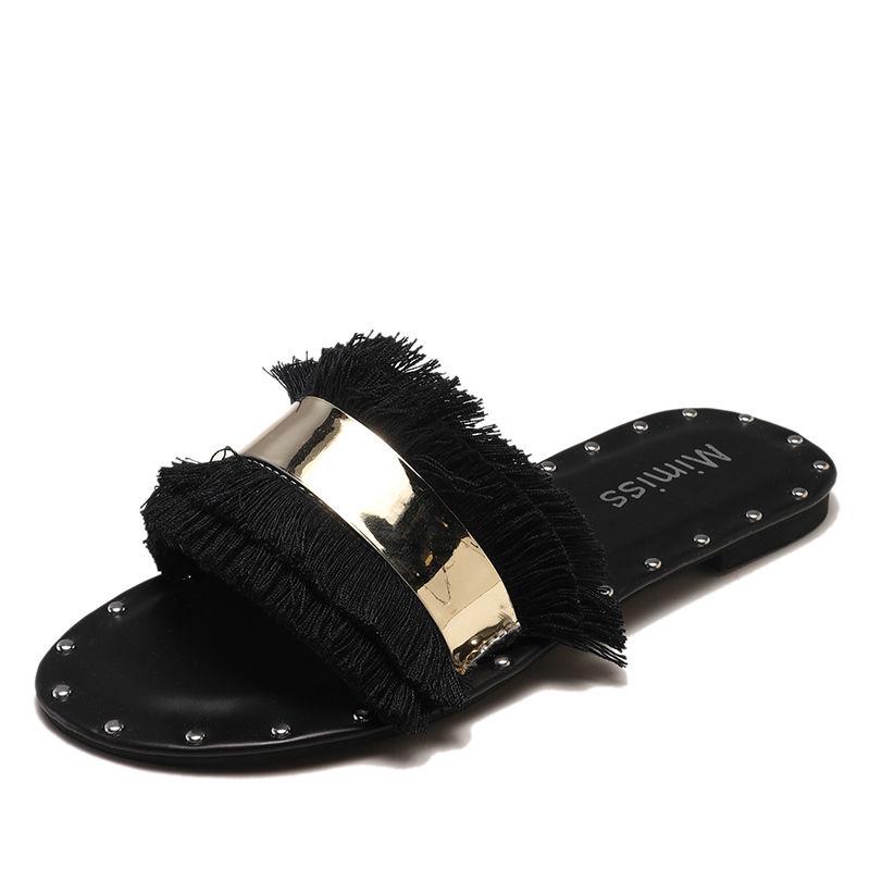 Slippers female summer wear wild word flip flops retro fashion flat bottom beach sandals slippers