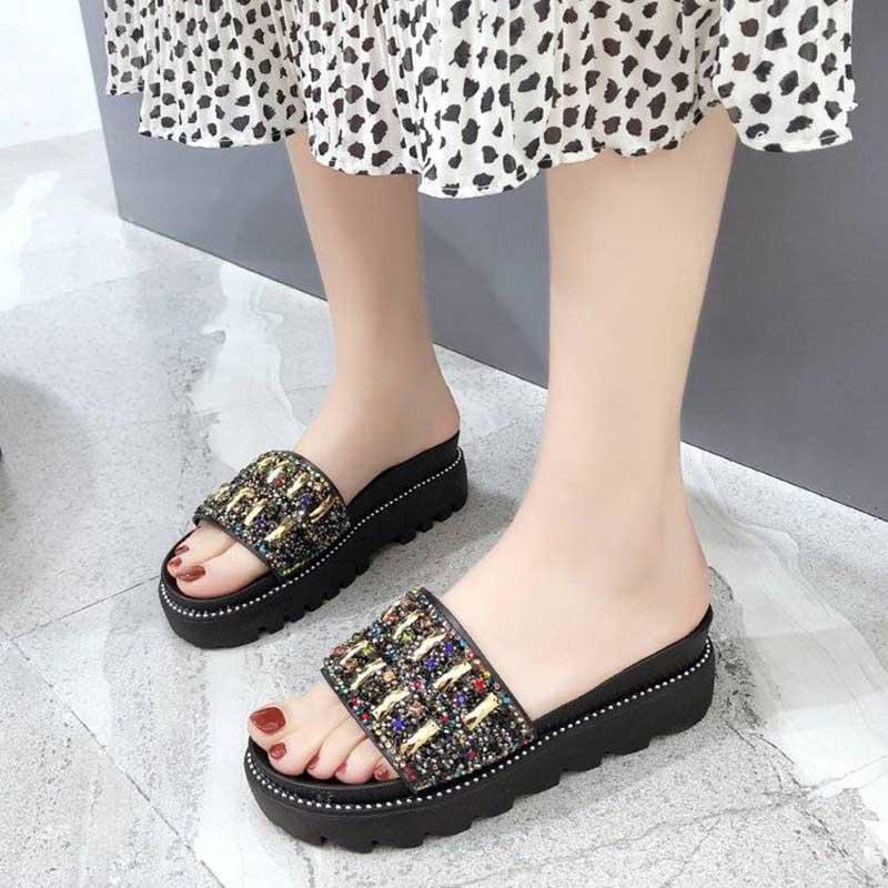 Size35-40 Summer Women Slippers Bohemian Beach Wear-resistant Non-slip Slippers Wedge Platform Leopard Print Sandals Outdoor Crystal High Heels