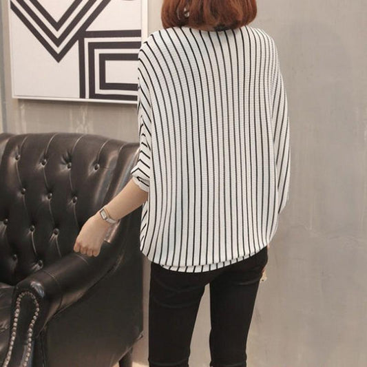 Vertical Stripes Bat Sleeve Loose Sweater One-neck Knitted Bottoming Shirt Spring and Autumn All-match Fashion Top Women
