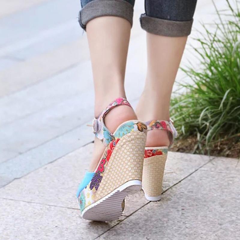 Color Matching Flower High Heels Summer Open Toe Women's Shoes Women's Sandals Wedges  Buckle Belt Everyday All-match Shoes Women