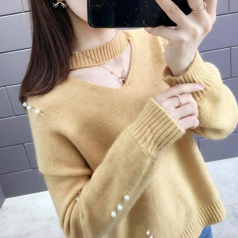 Pofulove Avocado Green Sweater Autumn Winter Loose Long-sleeved Shirt Beaded Sweater Women Tops