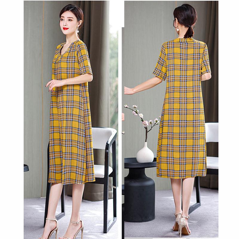 Loose Comfortable Plus Size XL-XXXXXL Cotton Short-sleeved A-line V-neck Ruffle Dress Summer Printing Calf-length Skirt